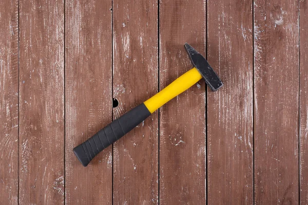 Εργαλεία Κατασκευή Και Επισκευή Top View Big Hammer Wood Background — Φωτογραφία Αρχείου