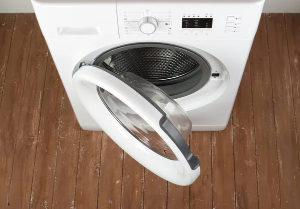 Groot Apparaat Bovenaanzicht Open Deur Wasmachine Een Witte Houten Ondergrond — Stockfoto