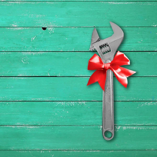Tools Building Repair Top View Gift Adjustable Spanner Red Bow — Stock Photo, Image