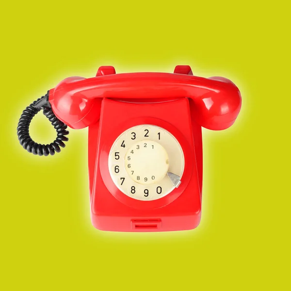 Top View Beautiful Red Vintage Phone Yellow Background — Stock Photo, Image