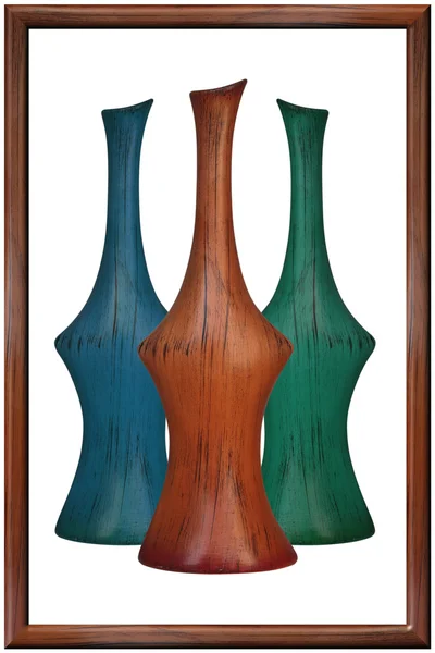 Three decorative vases in a wooden frame. — Stock Photo, Image
