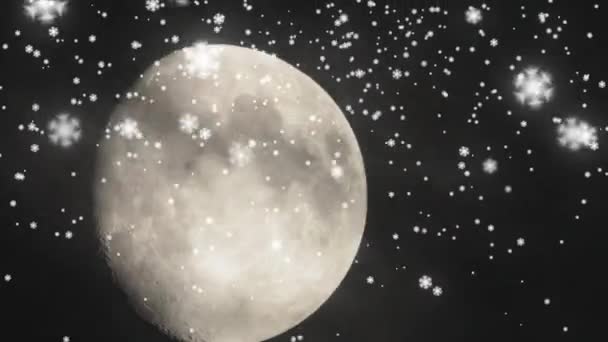 在雪花的背景下 月亮的特写 — 图库视频影像