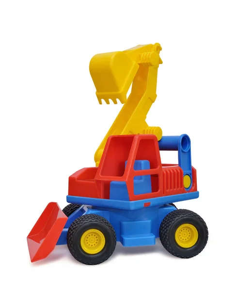 Children Toy Excavator Made Colored Plastic White Background — Stock Photo, Image