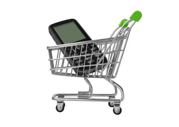 Cell Phone Shopping Trolley White Background Royalty Free Stock Photos