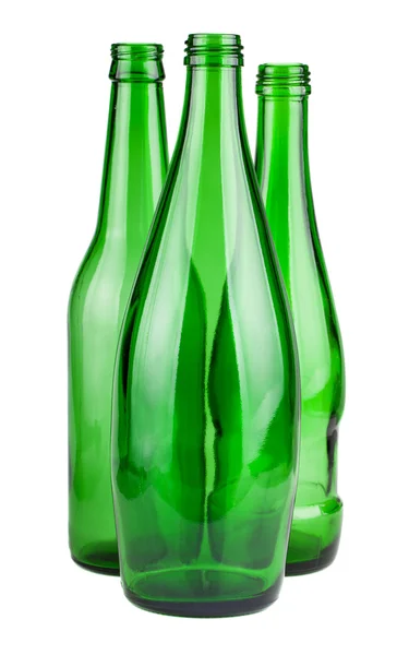 Tres botellas vacías verdes — Foto de Stock