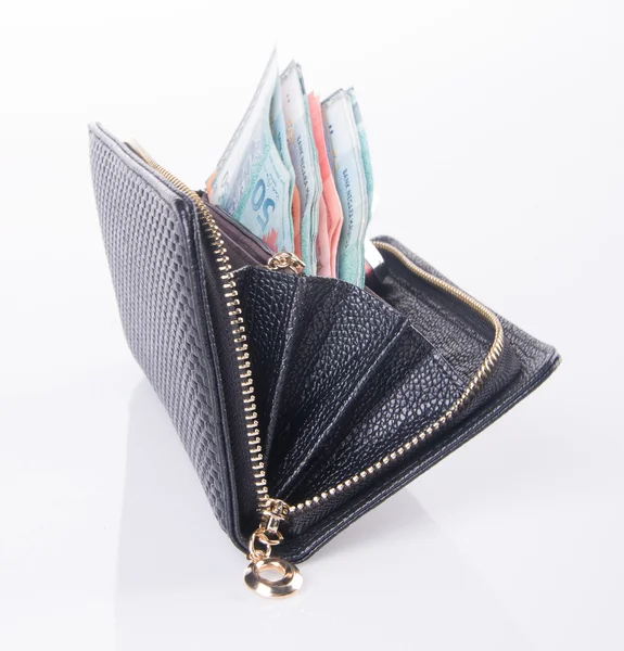 Πορτοφόλι. γυναίκα πορτοφόλι με χρήματα σε φόντο — Φωτογραφία Αρχείου