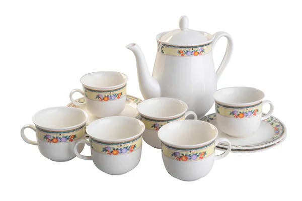 Teekanne und Tassen-Set vorhanden. Teekanne und Tasse auf einem Hintergrund — Stockfoto