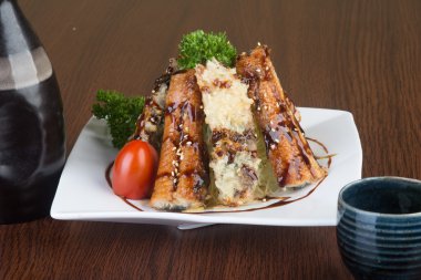 Japon mutfağı. Unagi veya arka planda yılan balığı