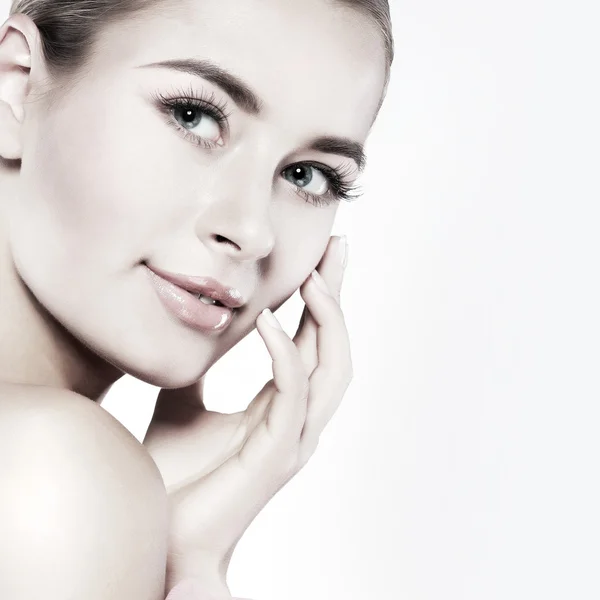 Closeup portrait of sexy whiteheaded young woman with beautiful blue eyes isolated on a white background, emotions, cosmetics — Stock Photo, Image