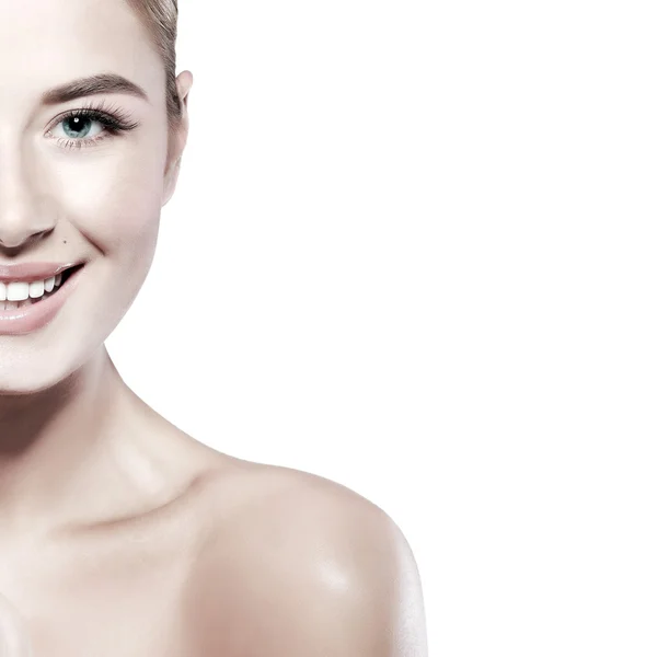 Closeup portrait of sexy whiteheaded young woman with beautiful blue eyes isolated on a white background, emotions, cosmetics — Stock Photo, Image