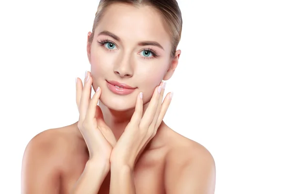 Closeup portrait of sexy whiteheaded young woman with beautiful blue eyes on white background — Stock Photo, Image