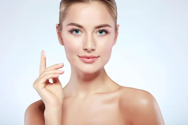 Closeup portrait of sexy whiteheaded young woman with beautiful blue eyes isolated on a white background, emotions, cosmetics — Stock Photo, Image