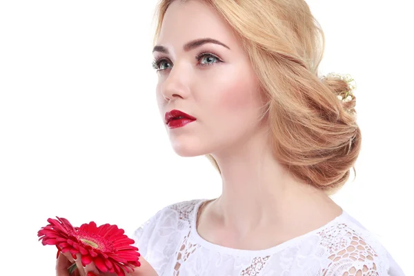 Closeup portrait of sexy whiteheaded young woman with beautiful red lips on white background — Stock Photo, Image