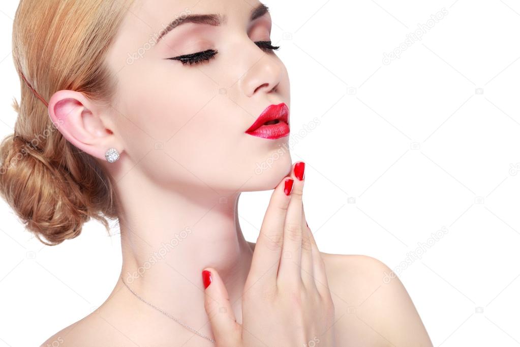 Closeup portrait of sexy whiteheaded young woman with beautiful red lips on white background