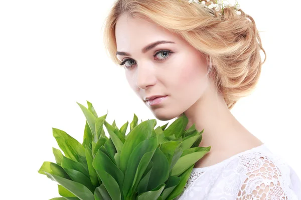 Beautiful sexual blonde  in white clothes with the basket of flowers isolated on a white background — Stock Photo, Image