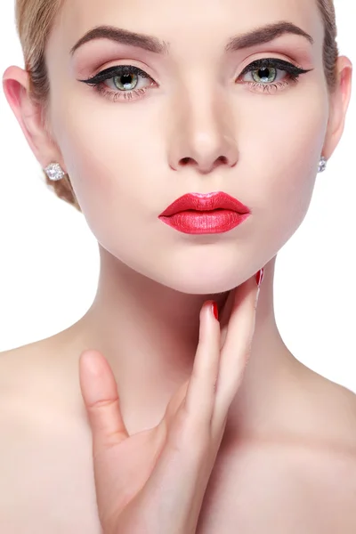 Closeup portrait of sexy whiteheaded young woman with beautiful red lips on white background — Stock Photo, Image