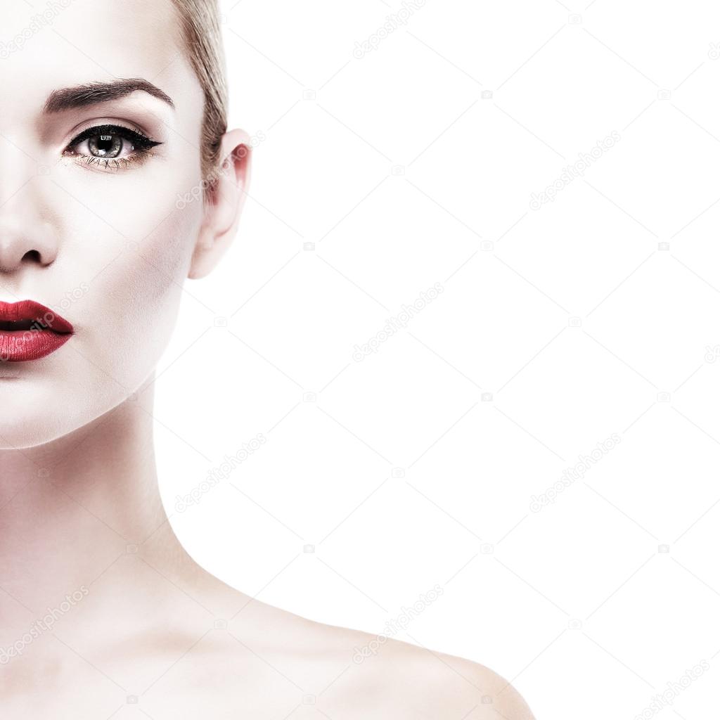 Beautiful  girl,  isolated on a white background, emotions, cosmetics