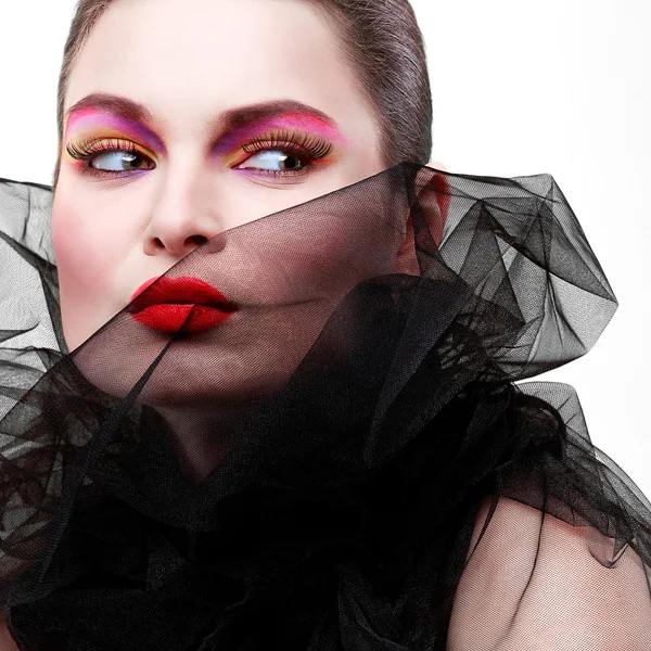 Portrait of sexual young girl in a black veil isolated on a white background — Stock Photo, Image