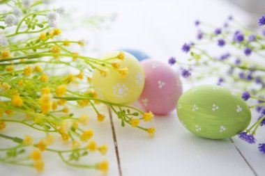 Çok renkli Paskalya yumurtaları taze çiçekler papatya. 