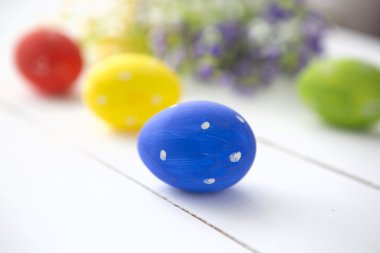 Çok renkli Paskalya yumurtaları taze çiçekler papatya. 