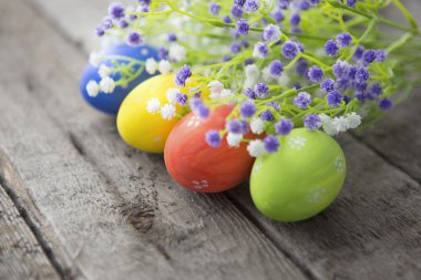 Renkli Paskalya yumurtaları ve çiçekli dallar