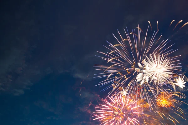 Beautiful colorful holiday fireworks in the evening sky — Stock Photo, Image
