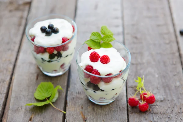 Gesundes mehrschichtiges Dessert mit Joghurt, schwarzer Johannisbeere und Himbeeren — Stockfoto