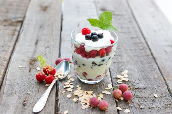 Iogurte natural com bagas frescas e muesli . — Fotografia de Stock