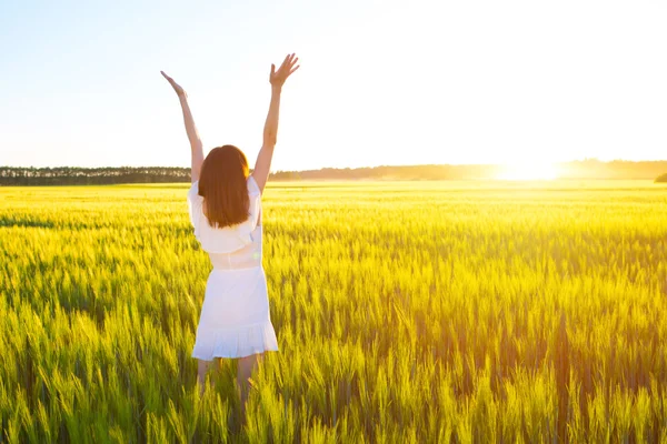 Девушка с вытянутыми руками наслаждается летним днем в поле — стоковое фото