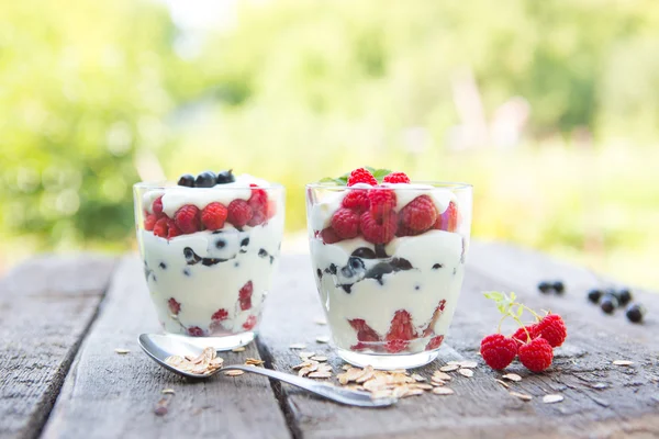 Yogur natural con frambuesas frescas, grosella negra y muesli . — Foto de Stock