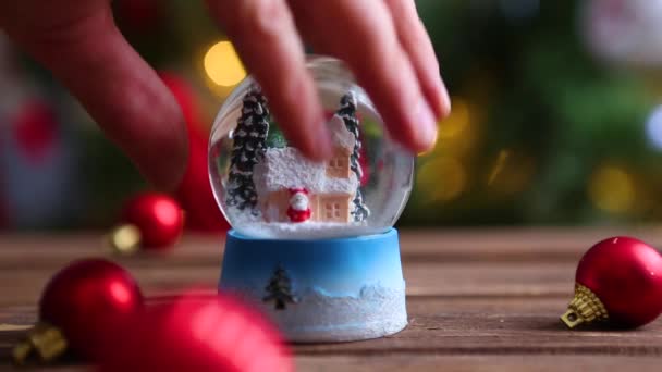 Weihnachten Schneekugel auf dem Hintergrund des Weihnachtsbaums mit Weihnachtsbeleuchtung — Stockvideo
