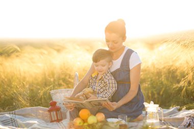 Küçük tatlı oğlan ve güzel hamile annesi piknikte.