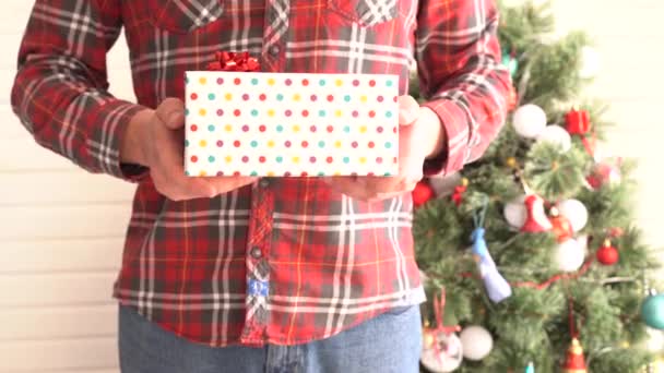 Un homme en chemise à carreaux donne un cadeau de Noël — Video