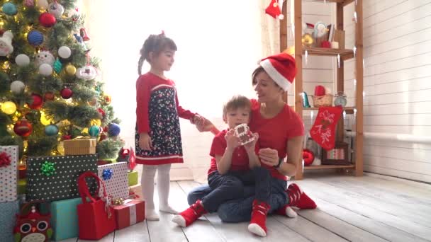 Mamá se pone un sombrero de Navidad a su hijo cerca del árbol de Navidad en una habitación luminosa y soleada. Moción lenta — Vídeos de Stock