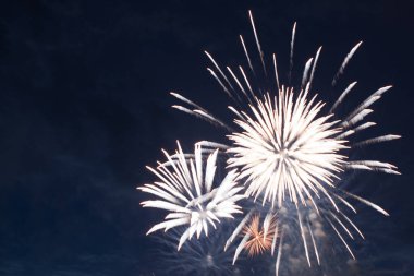 Parlak renkli havai fişekler ve çeşitli renklerde selam. Havai fişek gösterisi