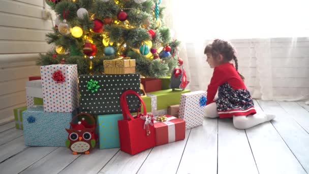 Little girl sorting out christmas gifts near christmas tree — Stock Video