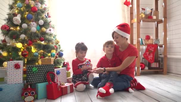 Familia celebrando la Navidad en una clara mañana soleada — Vídeos de Stock