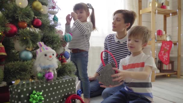 Rodzina świętuje Boże Narodzenie w słoneczny poranek — Wideo stockowe