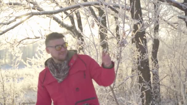 En man går genom en vinterskog med snötäckta träd på en vacker frostig morgon — Stockvideo