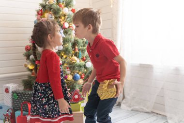 Oğlan, parlak güneşli bir odada bir kıza Noel hediyesi verir.