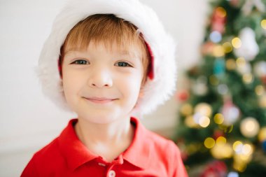 Noel Baba şapkalı, Noel Baba şapkalı, süslü Noel ağacıyla süslenmiş şirin bir çocuğun portresi..