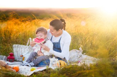 Küçük oğlan ve hamile annesi güzel bir sonbahar ya da yaz gününde piknik yapıyorlar. Mutlu aile ve sağlıklı beslenme konsepti.