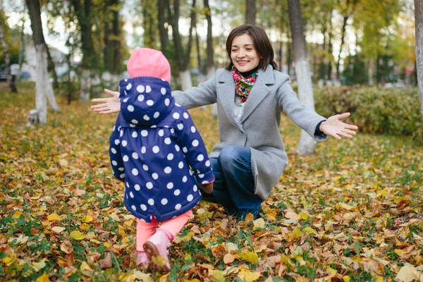 家族は曇りの日に秋の公園を歩く — ストック写真