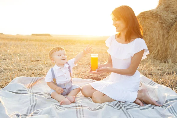 Annesiyle pikniğe giden küçük şirin bir bebek. Annem çocuğuna meyve suyu veriyor. Mutlu aile, sağlıklı yemek..