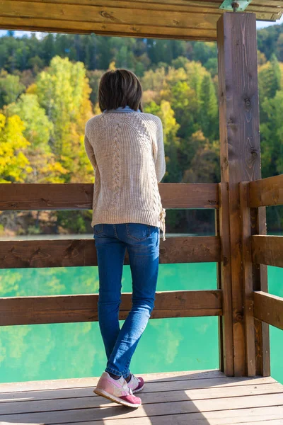Mädchen Einem Blauen See Den Bergen — Stockfoto