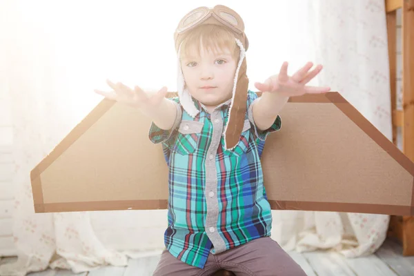 Children Boy Wearing Pilot Costume Making Ready Fly Gesture Standing — Stock Photo, Image