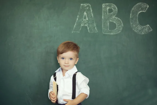 Cheerful Smiling Boy Books Green Chalkboard Background — Stock Photo, Image