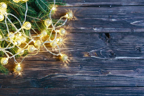 Kerst Dennenboom Houten Plank Achtergrond — Stockfoto