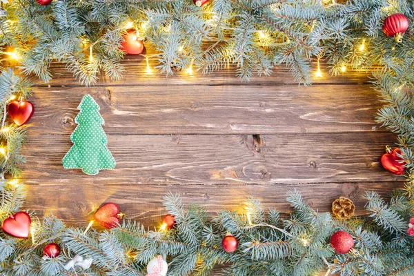 Kerst Houten Achtergrond Met Kerstboom Van Textiel — Stockfoto