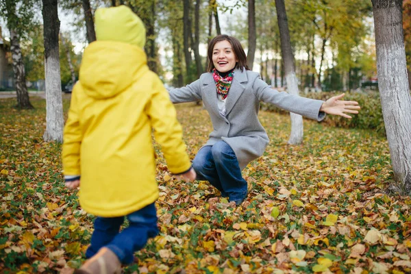 Die Familie Geht Einem Bewölkten Tag Herbstpark Spazieren — Stockfoto